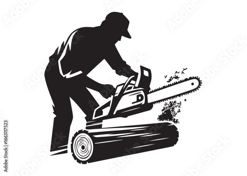 chainsaw cutting logo silhouette vector, chainsaw silhouette logo design illustration, chainsaw silhouette powerful vector design, woodcutter with chainsaw logo silhouette vector on white background 
