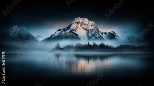 Serene Mountain Landscape at Dawn with Fog and Soft Reflections on a Lake