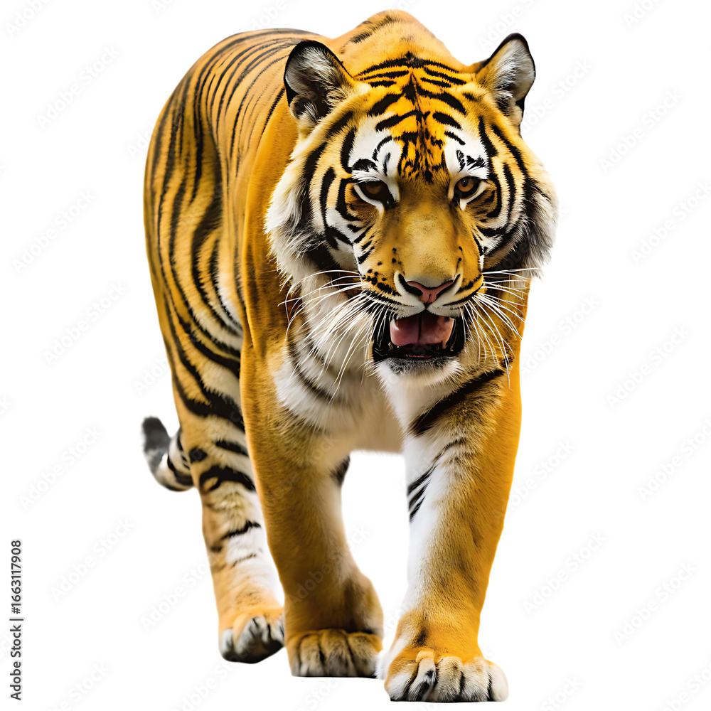 Obraz premium Majestic Bengal Tiger Walking Forward with Open Mouth on Background big cat isolated on a transparent background