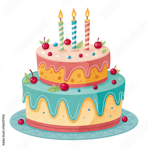 Cartoon style birthday cake with candles on transparent background for party invitations, celebration posters, children’s events and festive designs




