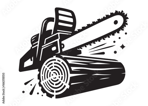 chainsaw cutting logo silhouette vector, chainsaw silhouette logo design illustration, chainsaw silhouette powerful vector design, woodcutter with chainsaw logo silhouette vector on white background 