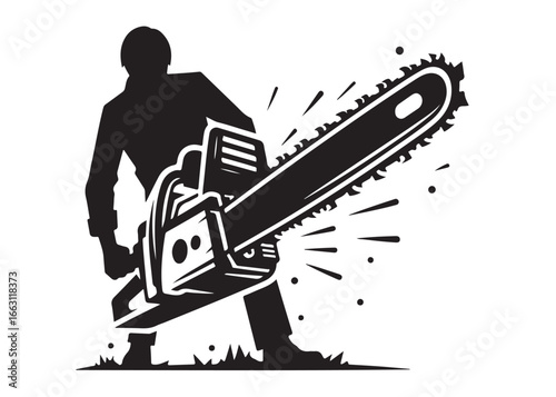 chainsaw cutting logo silhouette vector, chainsaw silhouette logo design illustration, chainsaw silhouette powerful vector design, woodcutter with chainsaw logo silhouette vector on white background 