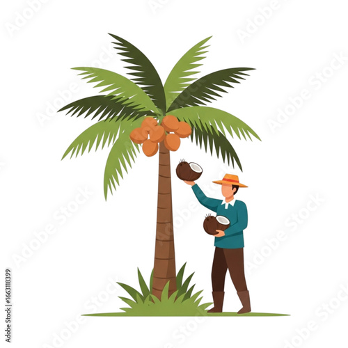 Coconut Harvester Gathering Fruit on Palm