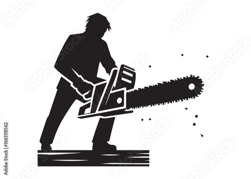 chainsaw cutting logo silhouette vector, chainsaw silhouette logo design illustration, chainsaw silhouette powerful vector design, woodcutter with chainsaw logo silhouette vector on white background 