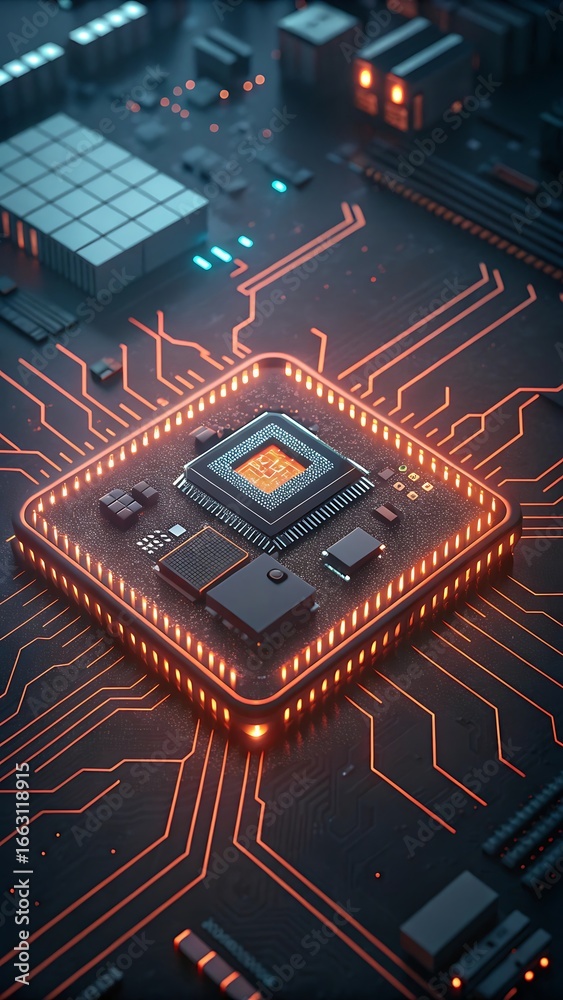 Fototapeta premium A green electronic circuit board with a processor chip and other components is a marvel of modern digital technology and engineering