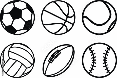 Sport balls set. Ball icons. Balls for Football, Soccer, Basketball, Tennis, Baseball, Volleyball. Vector illustration 