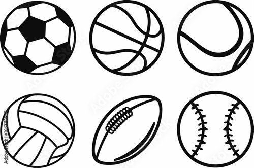 Sport balls set. Ball icons. Balls for Football, Soccer, Basketball, Tennis, Baseball, Volleyball. Vector illustration 