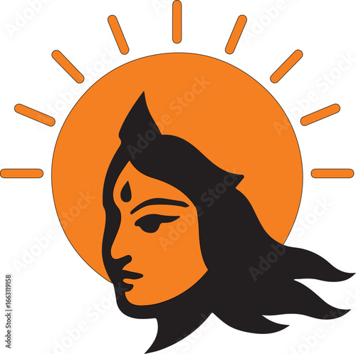 Hindu goddess durga profile with sun rays isolated on white background