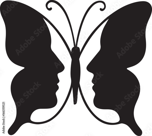 Optical illusion butterfly silhouette of human faces isolated on white background
