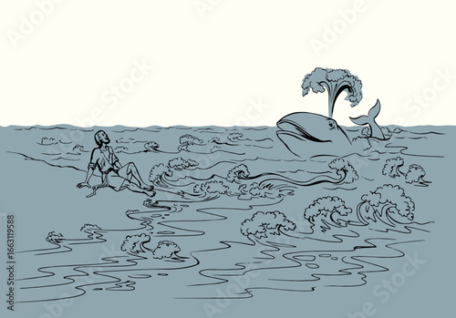 Vector drawing. A man on the shore after a shipwreck