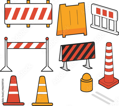 Road barrier and street barriers set. Vector illustration 