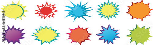 Starburst coloured speech bubbles collection. Vector 