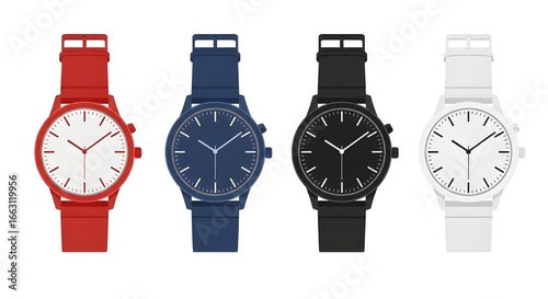Four stylish wristwatches in four different colors – red, blue, black, and white – modern flat vector illustration, isolated on white background, minimal and clean design, front-facing view, wearable 