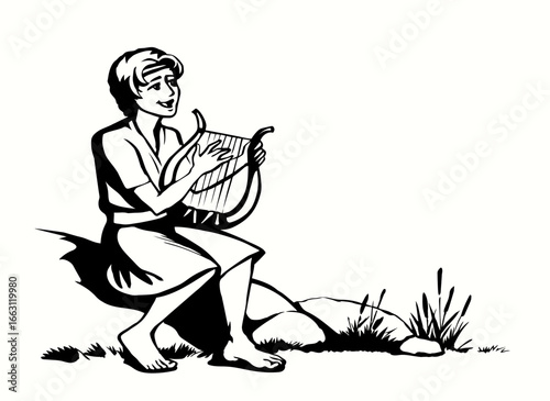 Vector drawing. Guy playing the harp