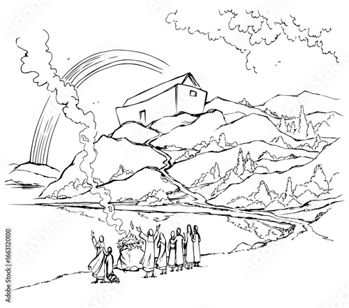 Vector drawing. Noah Offers a Sacrifice to God