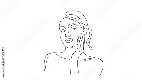 Continuous line drawing of woman face touching her cheek minimalist beauty vector illustration