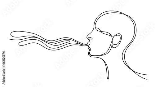 Human face exhaling breath continuous line drawing illustration