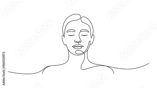 Continuous line drawing of woman relaxing in water with closed eyes minimalist vector illustration