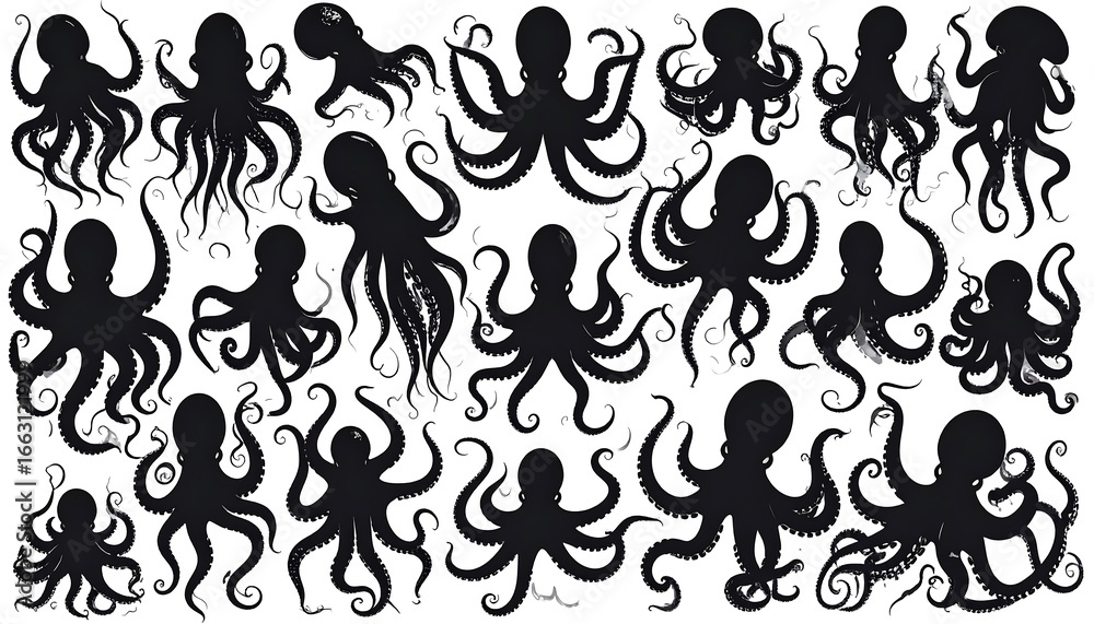 Naklejka premium Black silhouettes of many octopuses