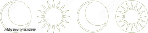 Celestial Cycle Sun and Moon Icons in Olive Outline on Transparent Background