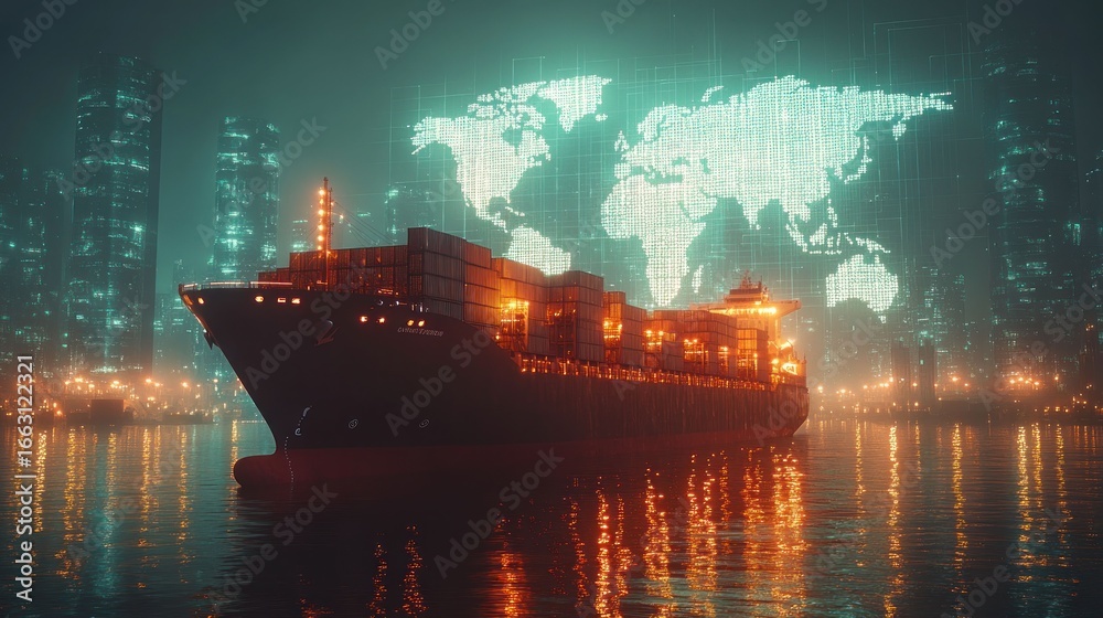 Obraz premium Cargo ship at night, global network overlay