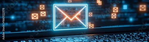 Futuristic computer keyboard with brightly glowing neon letters and symbols illuminated in a dark room showcasing advanced modern technology and digital interface design concepts.