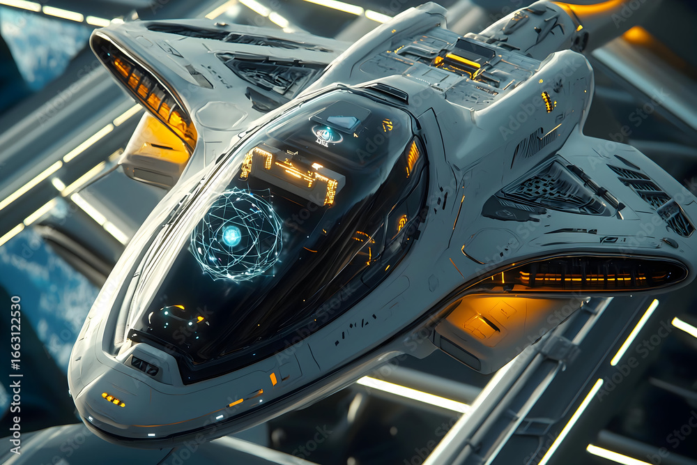 Fototapeta premium Futuristic spaceship with energy core offers dynamic tech visuals perfect for innovative projects and modern designs, showcasing advanced technology