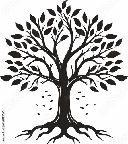 line art nature logo vector design oak tree inside circle, abstract tree logo symbol inside circle  