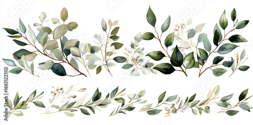 Green botanical watercolor branches float on white. Delicate texture for cards, posters, branding.
