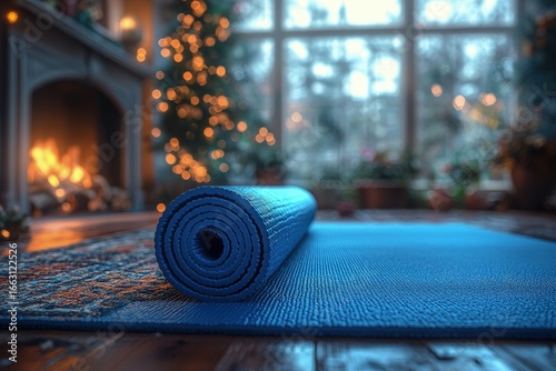 Cozy indoor scene with a rolled yoga mat in front of a glowing fireplace and festive decorations