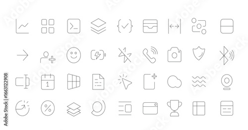 Assorted Icon Collection: An organized, aesthetically pleasing assortment of minimalist icons, perfect for digital interface design and other graphic applications.