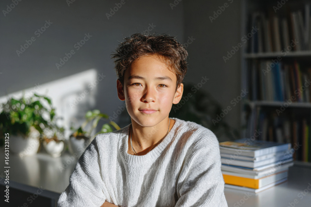 Fototapeta premium Portrait of confident mixed race boy sitting at home with books and plants - Generative AI