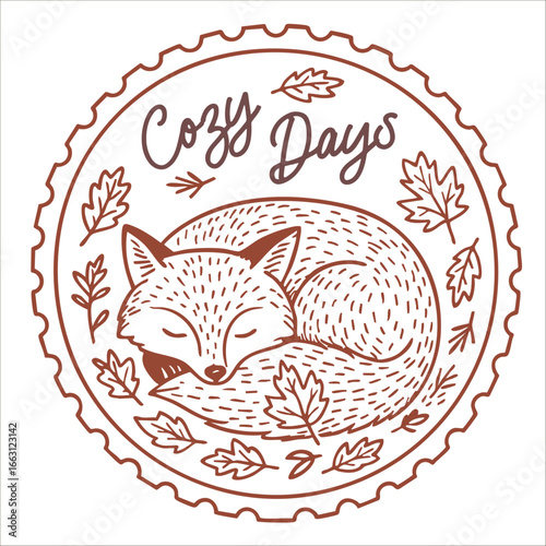cozy days fall stamp with sleeping fox curled among autumn leaves in rustic circular postal frame, seasonal woodland postal art vector illustration concept for autumn stationery and holiday design