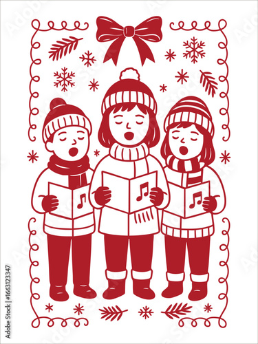 children singing christmas carols holding songbooks surrounded by ornate festive border with bows snowflakes and pine branches concept of coquette christmas frame vector illustration
