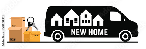 Illustration of boxes keys and a moving van with houses and the words new home on the side panel