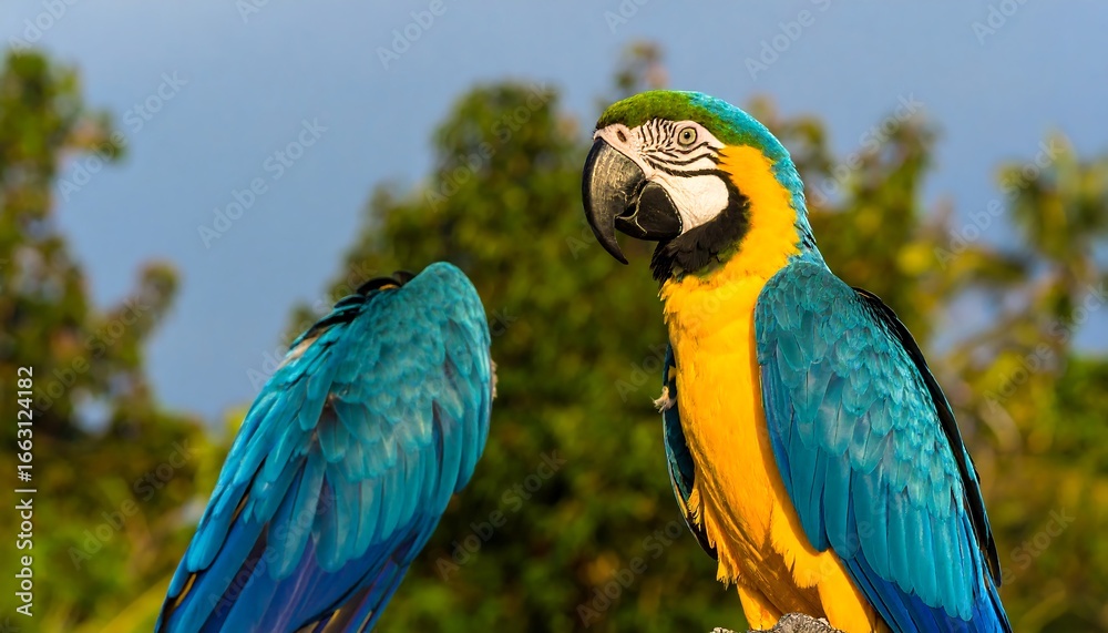 Obraz premium Blue-Gold Macaws Perched Outdoors, Tropical