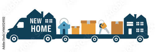 A moving truck carrying boxes and house shaped keychains representing moving to a new home concept art