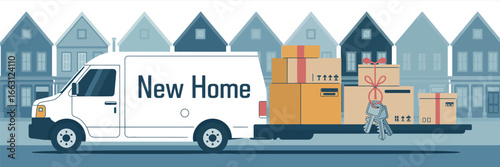 A moving van with the words new home and boxes with a set of keys in front of houses illustration