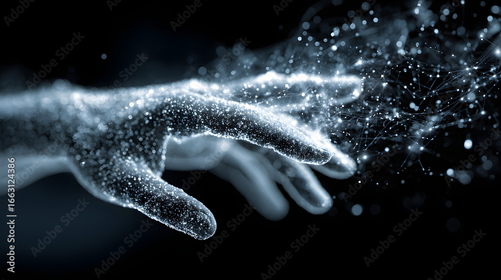 Fototapeta premium Digital hand interacting with glowing data particles in futuristic virtual interface.