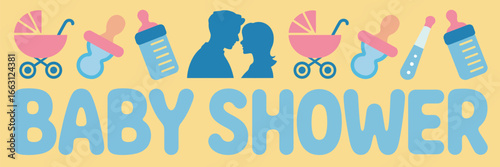 Baby shower graphic with strollers, bottles, pacifiers, and a couple silhouette on a yellow background