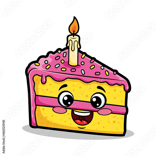 Happy cartoon cake slice with candle, celebrating a birthday.