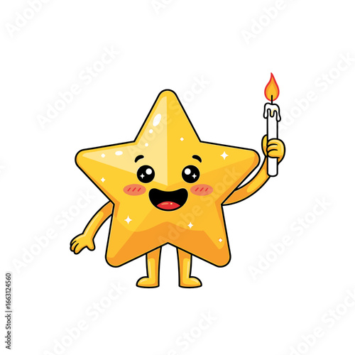 A cheerful cartoon star character holding a lit candle, radiating joy and warmth.