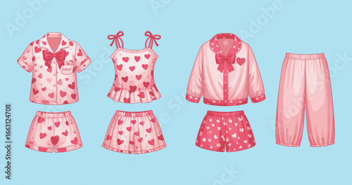Pink heart pattern pajamas set, short sleeve top, sleeveless camisole, cozy shorts, long pants, stylish sleepwear, cute loungewear, feminine nightwear, comfortable homewear collection