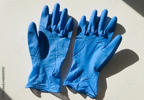 Pair of blue nitrile disposable gloves on a white surface.