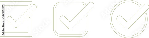 Set of Simple Outlined Check Marks in Square and Circle Shapes in Green Color