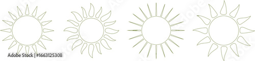 Sun shapes set with different ray styles in olive green outline, transparent background
