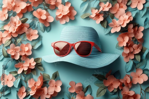 Stylish summer hat and sunglasses surrounded by vibrant paper flowers on a turquoise background
