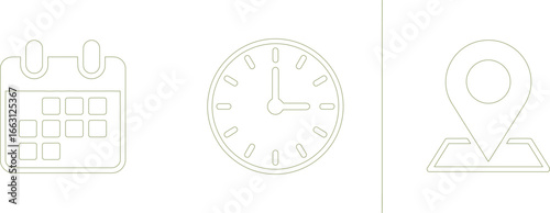 Thin Olive Line Calendar, Clock, and Location Pin Icons Set Isolated on White