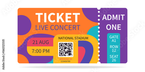 Colorful Ticket Design Template. Ticket admit one, Cinema, theater, concert, play, party, event, festival.
