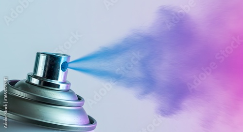 Close-up of a metallic aerosol can spraying a vibrant cloud of blue and purple mist against a soft gradient background